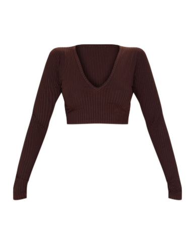 Brown Ribbed V Neck Long Sleeve Crop Top