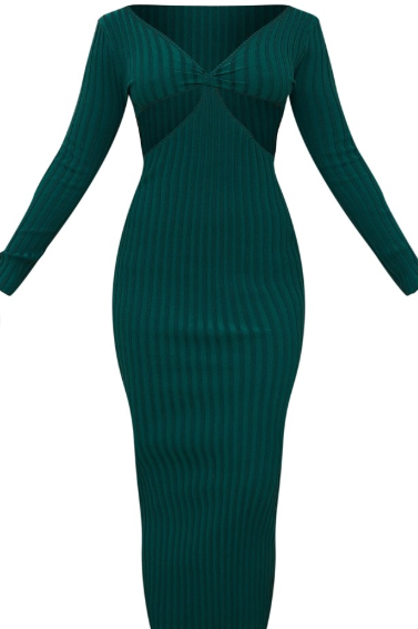 PLT-Dark Green Two Tone Cut Out Sides Knit Maxi Dress