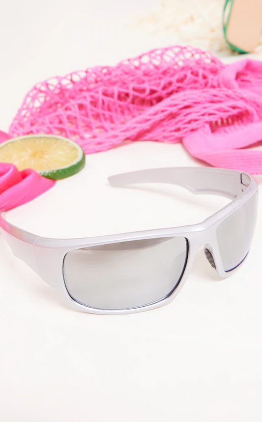 Silver Mirrored Lens Rectangular Sporty Visor Sunglasses