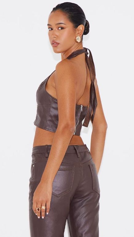 Brown coated denim seam detail halterneck top