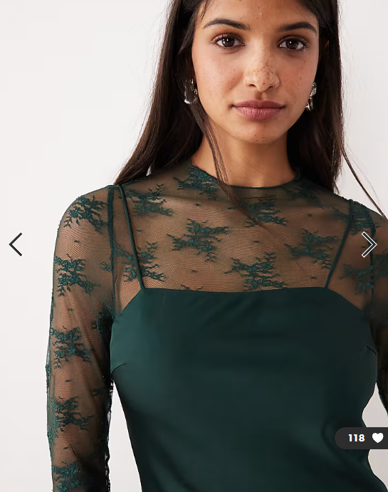 YAS hybrid high neck lace top and satin slip dress in dark green