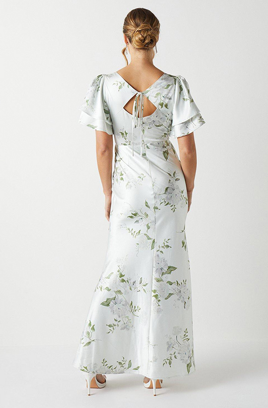 Dahlia Printed Angel Sleeves Satin Bridesmaids Dress