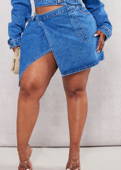 Plt Plus Mid Blue Wash Wrap Denim Mini Skirt