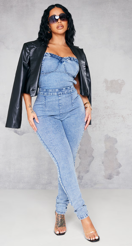Shape Vintage Wash Cup Detail Tie Back Denim Jumpsuit