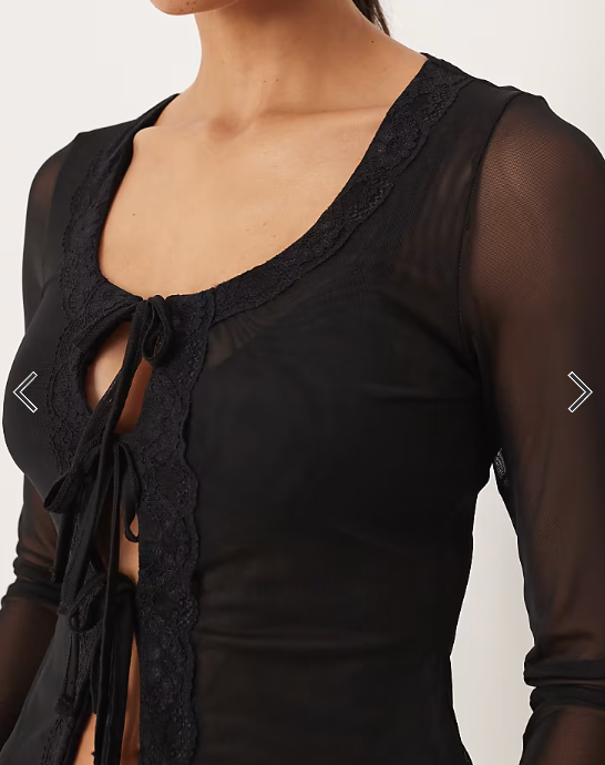 ASOS DESIGN mesh lace trim long sleeve tie front top in black
