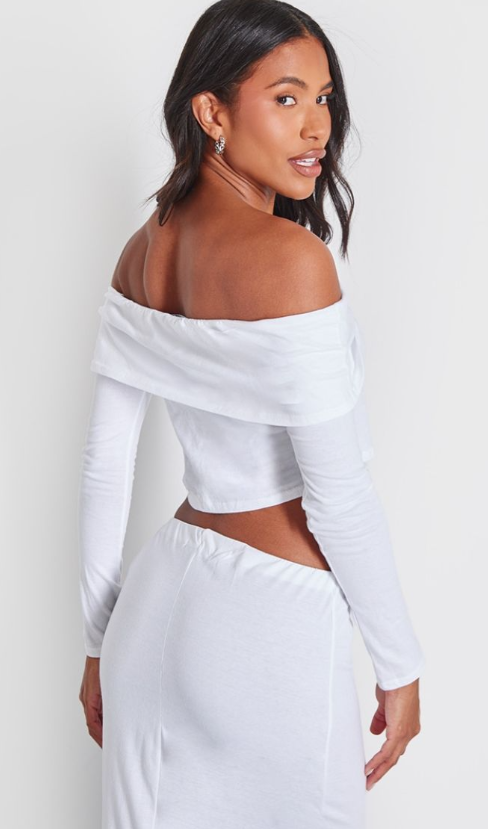 White Foldover Button Detail Off The Shoulder Top