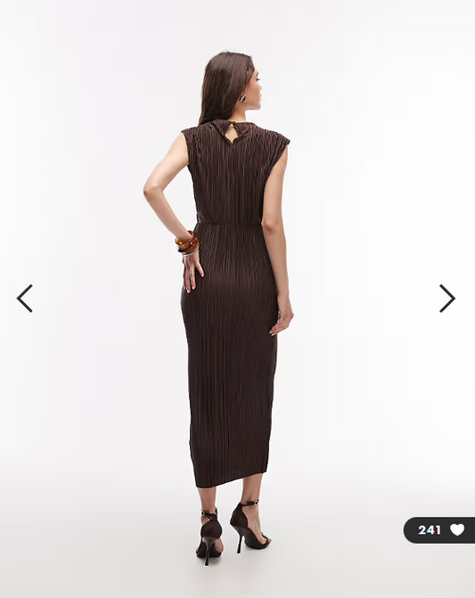 ASOS DESIGN plisse slash neck pencil midi dress with twist waist detail in chocolate