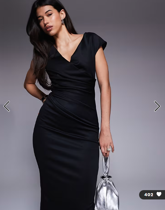 ASOS DESIGN structured midi dress with capped sleeve and draped cross front in black