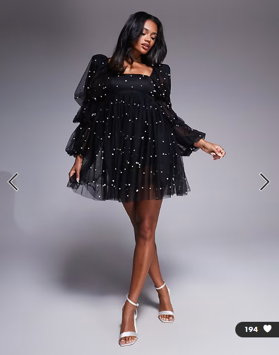 ASOS LUXE tulle baby doll dress with pearl embellishment in black