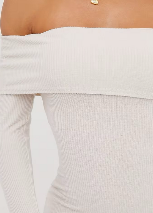 Bardot Fold Over Detail Mini Bodycon Dreszz in Stone Brushed Rib