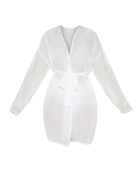 White Crinkle Textured Short Beach Kimono