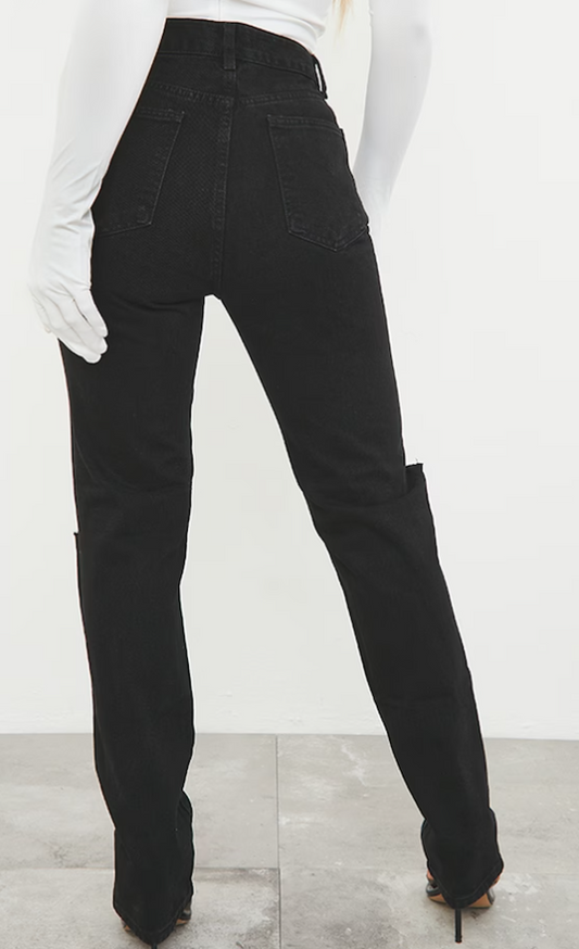 Washed Black Slash Knee Long Leg Straight Leg Jeans