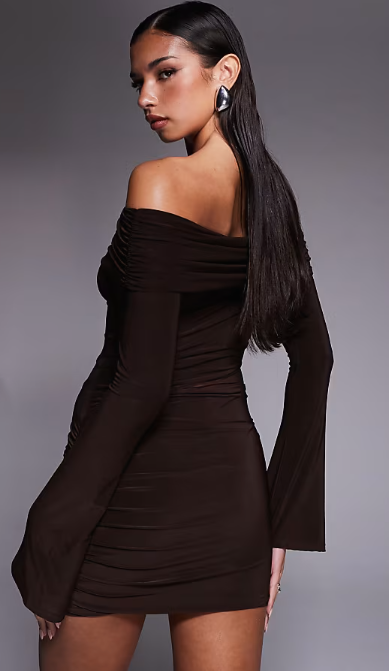 Asos - Kaiia exclusive slinky bardot flare sleeve mesh insert mini dress in chocolate