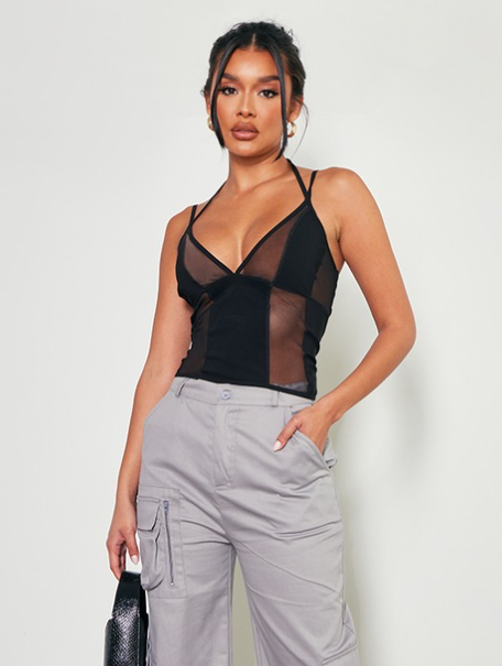 Black Stretch Woven Mesh Panel Detail Strappy Long Top