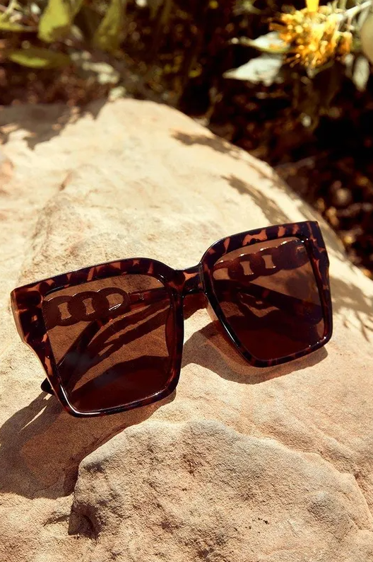 Brown Tort Chain Detail Oversized Square Sunglasses