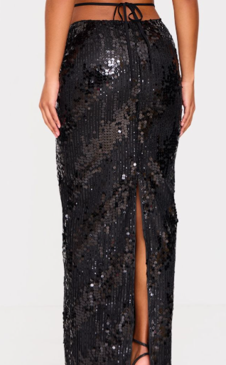 Black Sequin Low Rise Split Leg Maxi Skirt