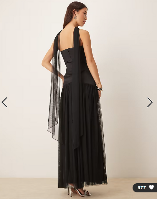 Lace & Beads tulle bandeau drop waist maxi dress with scarf in black