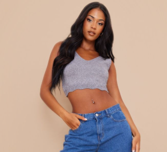 Tall Grey Marl Knitted Crochet Detail Crop Top