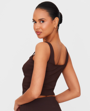 Dark Brown Stretch Woven Square Neck Corset Top