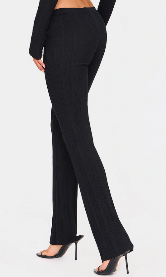 Black Textured Rib Knit Lace Up High Waist Flared Trousers