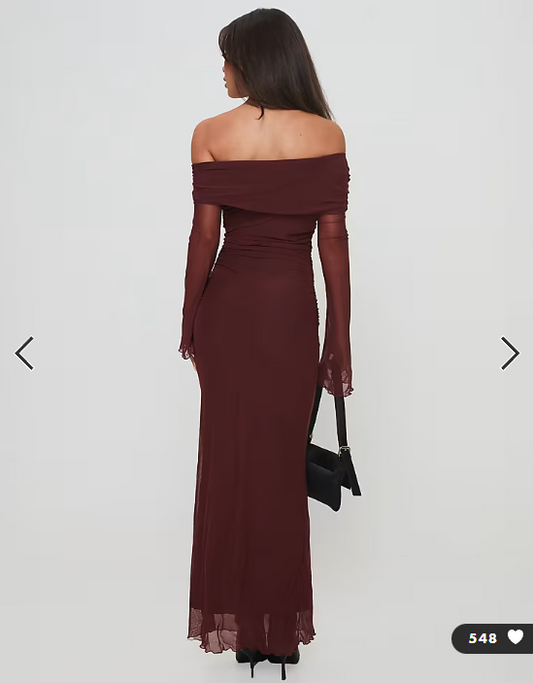 Princess Polly - consideration mesh bardot flare sleeve lettuce edge maxi dress in chocolate