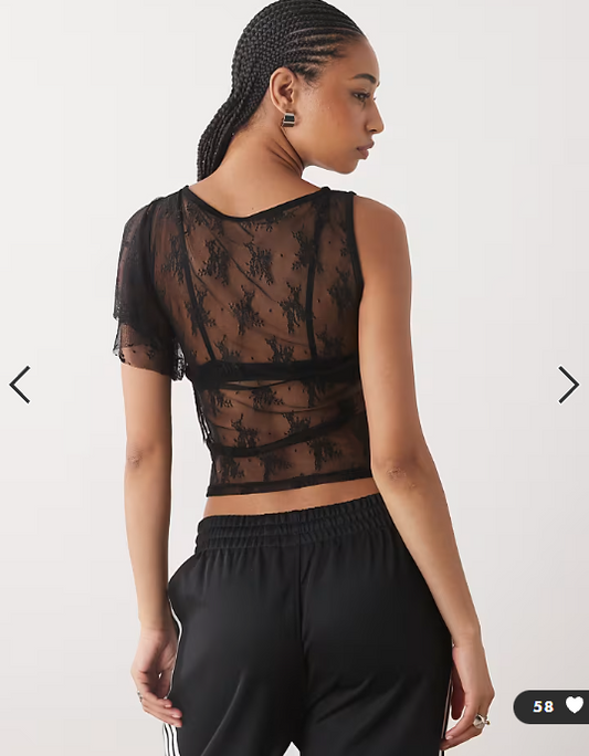 COLLUSION lace flutter one shoulder top in black