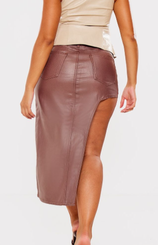 Shape Chocolate Coated Denim Asymmetric Midi Skirt
