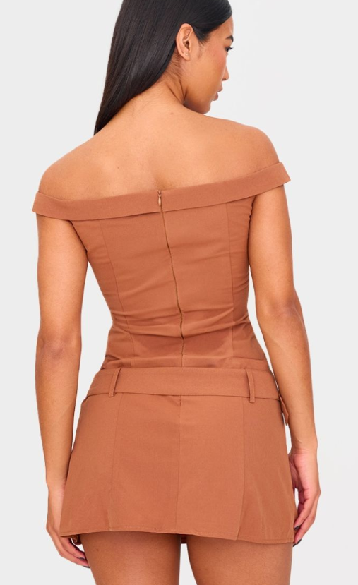 Plt - Taupe Bardot Belted Pleated Shift Dress