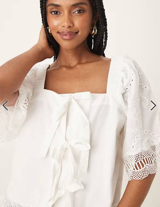YAS crochet trim tie front square neck blouse in white