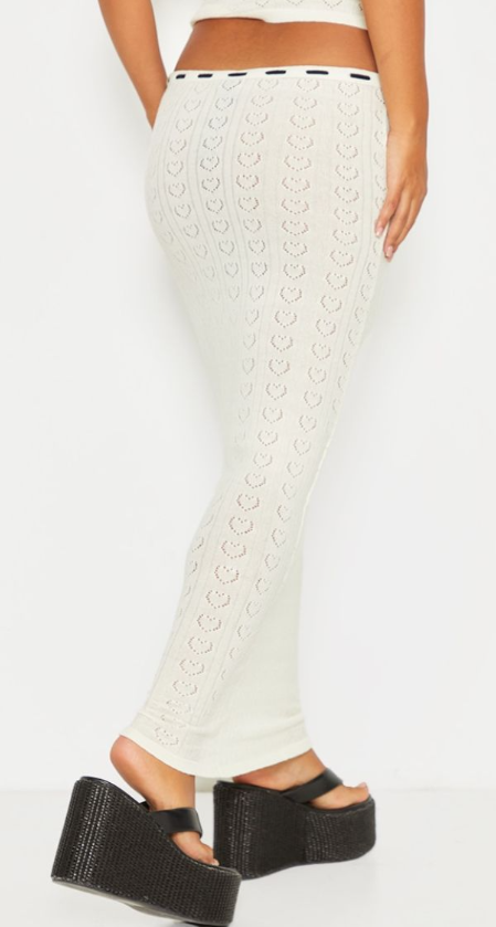 Petite Cream Pointelle Knit Maxi Skirt With Contrast Trim
