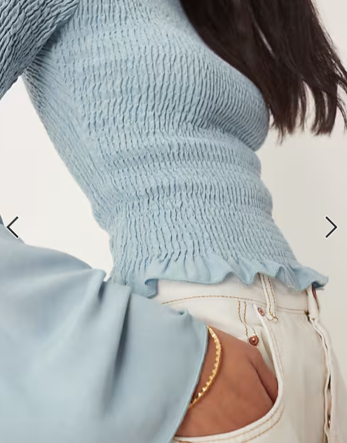 ASOS DESIGN shirred top with angel sleeves in dusky blue