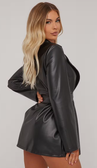 Tie Waist Detail Blazer Dress In Black Faux Leather