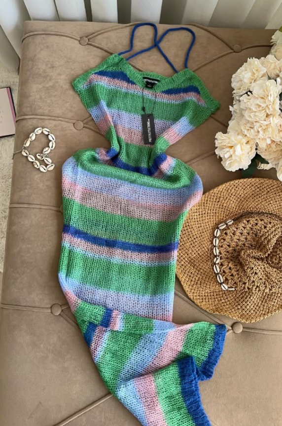 Plt - Blue Stripe Open Knit Maxi Dress and Sleeves PLT
