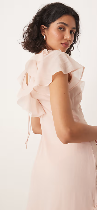 ASOS DESIGN angel sleeve ruffle embroidered maxi dress in dusky pink
