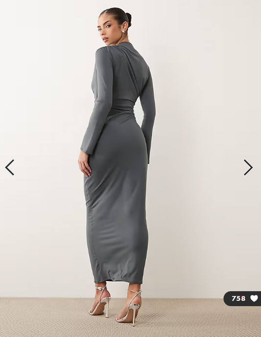 ASOS DESIGN asymmetric drape slash neck maxi dress in slate grey