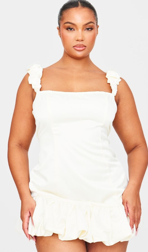 White Satin Bardot Puff Hem Bodycon Dress