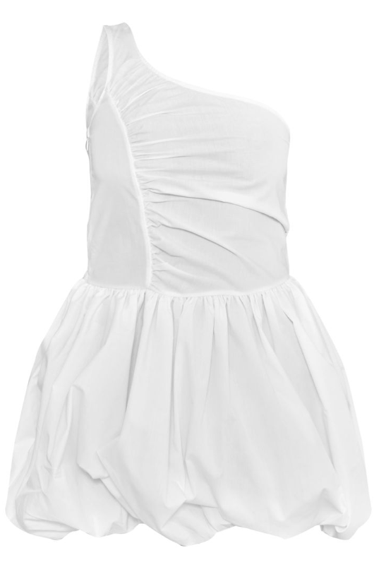 White One Shoulder Ruched Puff Ball Dress