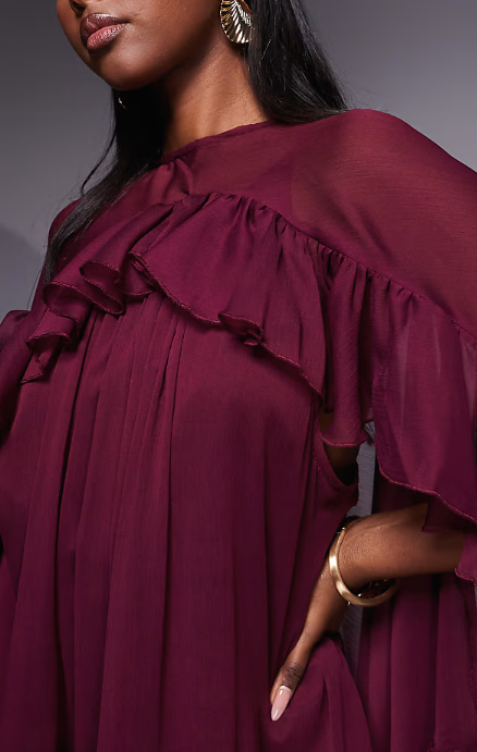 ASOS DESIGN volume ruffle cape jumpsuit in berry