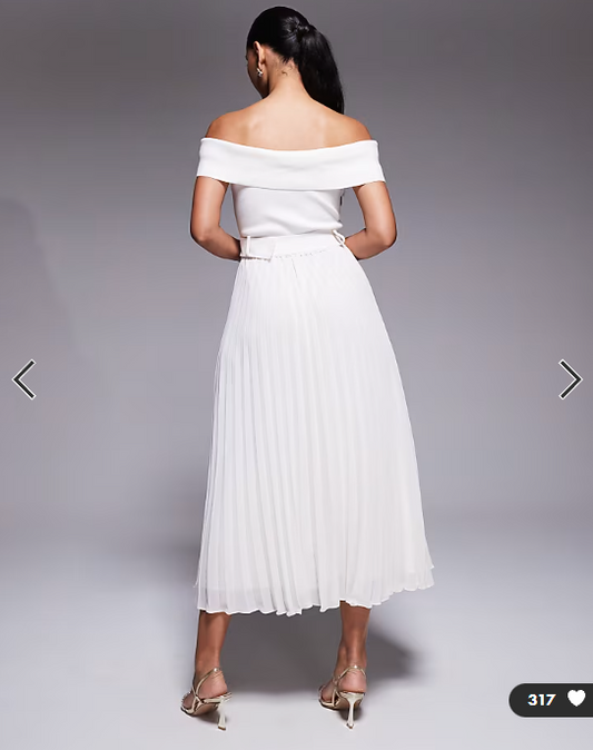 Forever New off the shoulder belted knit midi dress in cream