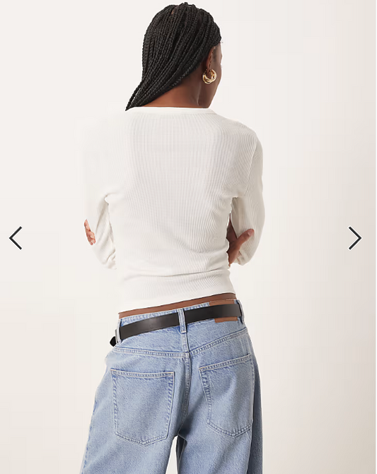 ASOS DESIGN shrunken waffle long sleeve henley tee in cream