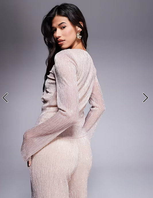 Daska mesh long sleeve top with roset detail co-ord in soft gold