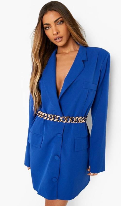 Chunky Chain Belted Blazer Dress - royal