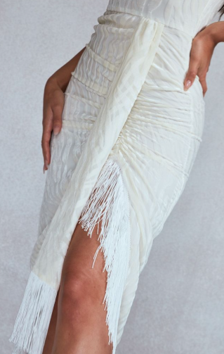 White Devore Tassel Detail Underwired Draped Midi Dress