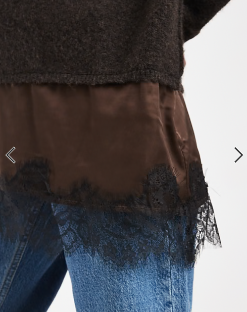 Miss Selfridge fluffy asym jumper with contrast satin lace hem in chocolate