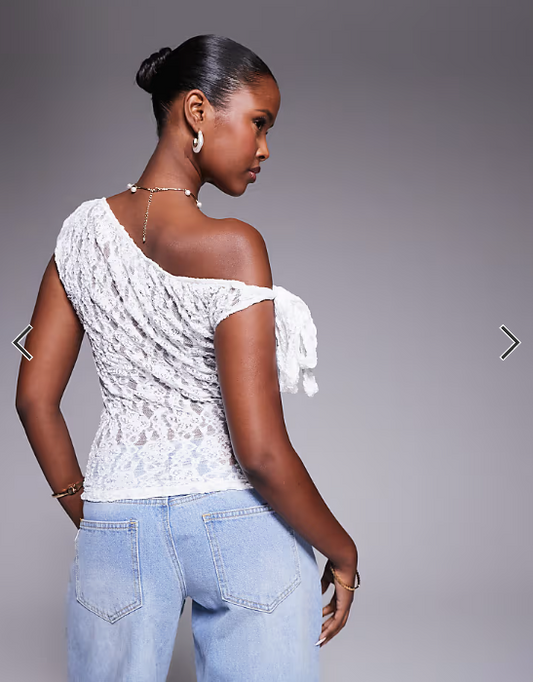 ASOS DESIGN lace tie fallen shoulder sheer top in cream