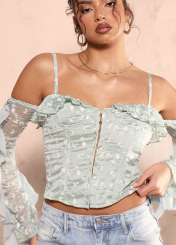 Sage Green Applique Detail Woven Hook & Eye Frill Boned Bardot Corset