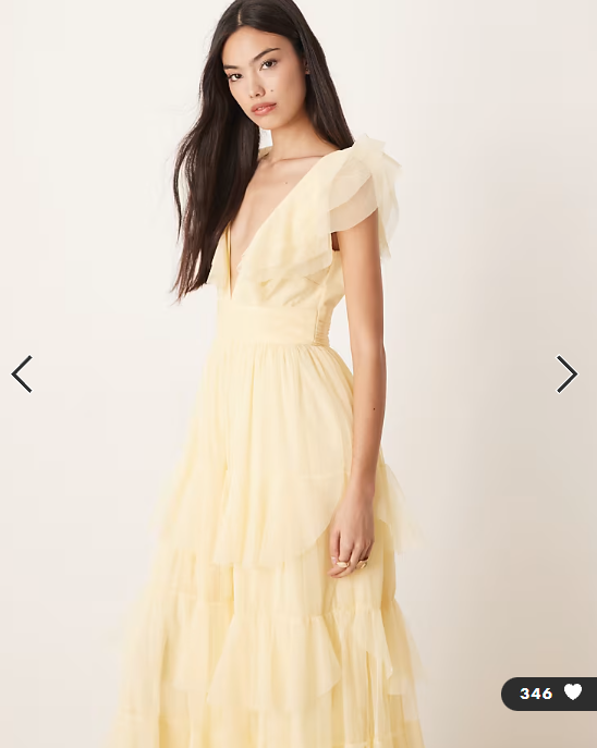 Lace & Beads tulle flutter sleeve tiered frill maxi dress in lemon