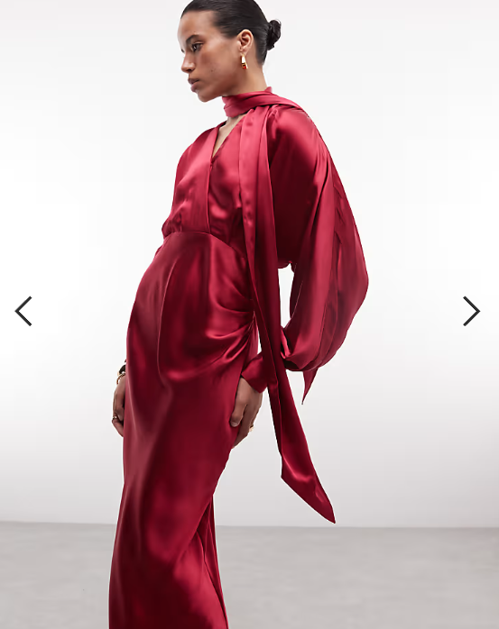 & Other Stories satin maxi dress with volume sleeves and detachable scarf in raspberry