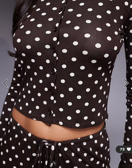 Kaiia exclusive super soft jersey button through long sleeve top co-ord in brown and cream polka dot