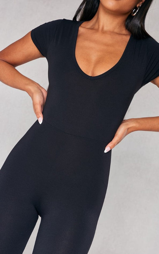 Black V Neck Short Sleeve Jersey Jumpsuit